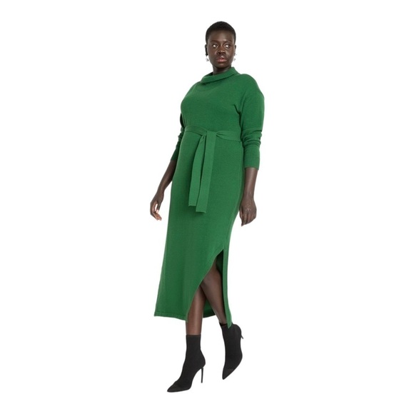 Eloquii Green Funnel Neck Tie Waist Maxi Sweater Dress Size 26/28 NWT - Picture 4 of 7